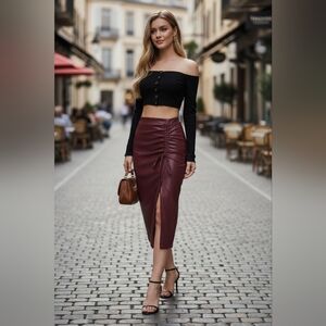 NWT Faux Leather Midi Skirt | Burgundy Slit | Chic Bodycon